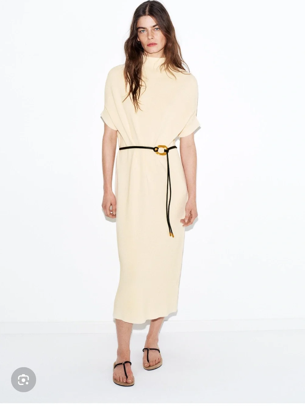 ZARA Cream Midi Knit Dress with Thin Black Belt